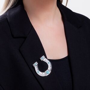 Silver Horseshoe Brooch with Blue Accents